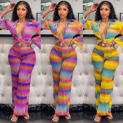 Traje de Pantalón Plisado Estampado con Stretch para Mujer