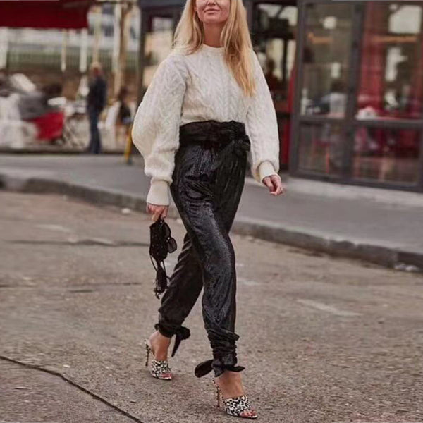 Pantalones de Cintura Alta con Lentejuelas y Efecto Bandage