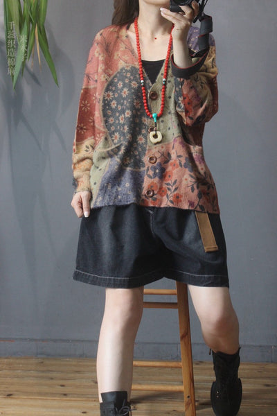 Cardigan de Punto Vintage con Cuello en V y Estampado - Image 7