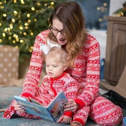 Red and white Christmas loungewear pajama set with reindeer and snowflake fair isle pattern. - Image 3