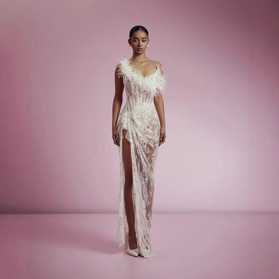 Vestido de Fiesta Elegante con Escote Tubo y Abertura Alta