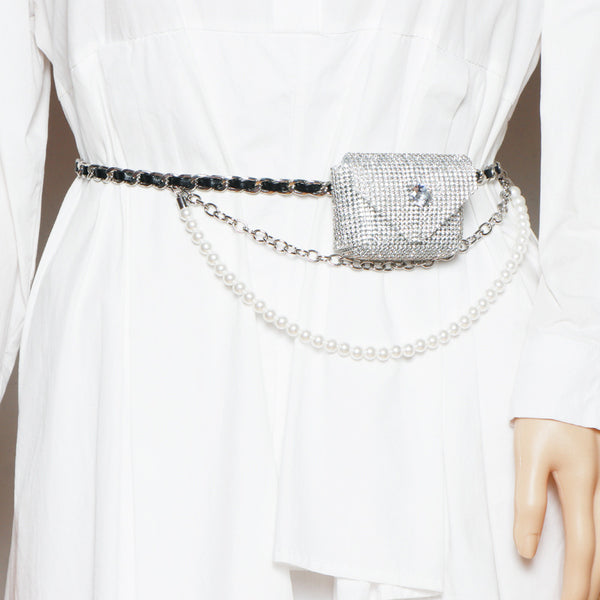 Bolsa de Cintura Mini con Perlas y Strass Brillante - Bolso Mensajero de Moda Salvaje