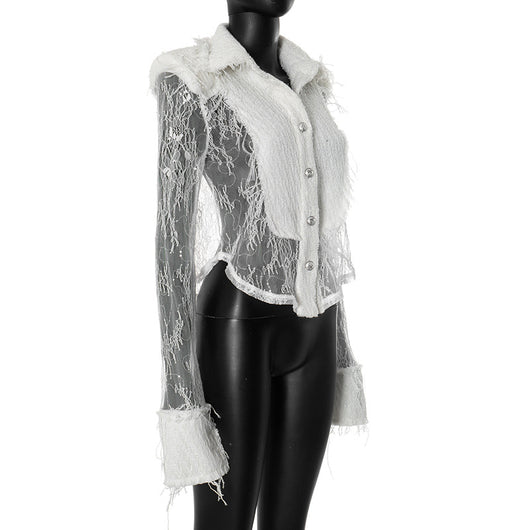Blusa Transparente con Encaje Blanco y Costuras Decorativas - Image 16