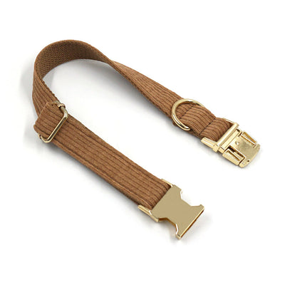 Brown corduroy pet harness with gold-colored metal quick-release buckle and D-rings, shown on a white background. - Image 31