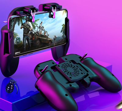 Red and blue smartphone game controller grip with integrated cooling fan and metal trigger buttons, connected to a white USB cable. - Image 8