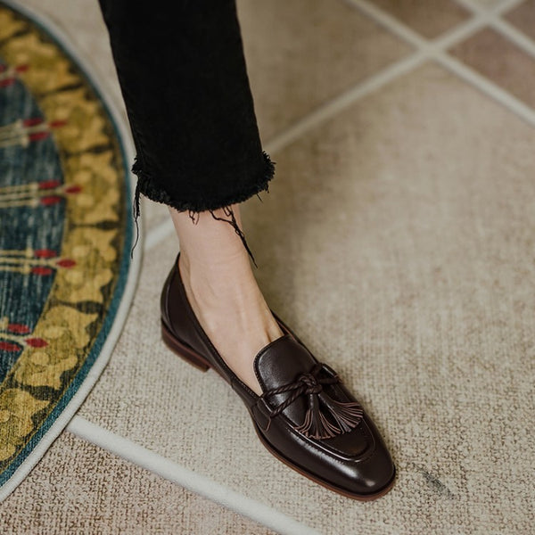 Zapatos de Cuero Retro con Flecos y Tacón Bajo para Mujer