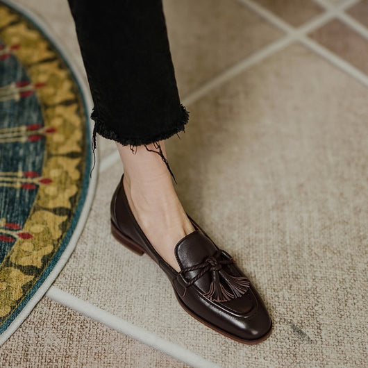 Zapatos de Cuero Retro con Flecos y Tacón Bajo para Mujer