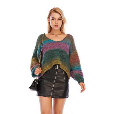 Suéter Escote V Rayas Arcoíris Holgado para Mujer - Image 3