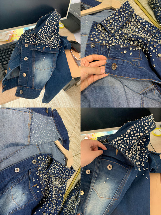 Chaqueta Denim Suelta con Cuentas y Diamantes de Manga Larga - Image 12