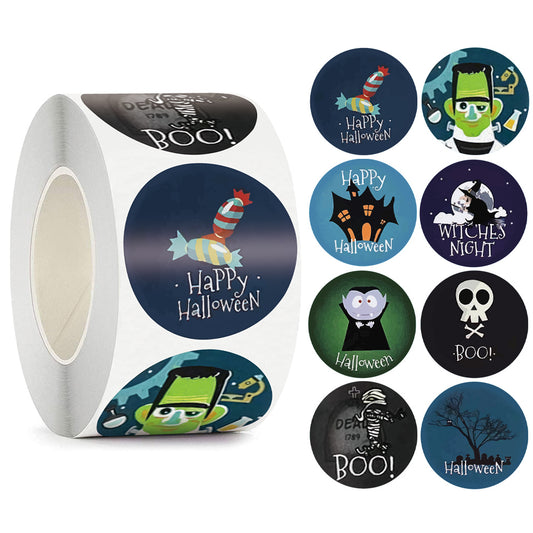 Roll of 500 round Halloween stickers featuring various designs like haunted houses, ghosts, mummies, and pumpkins. - Image 2