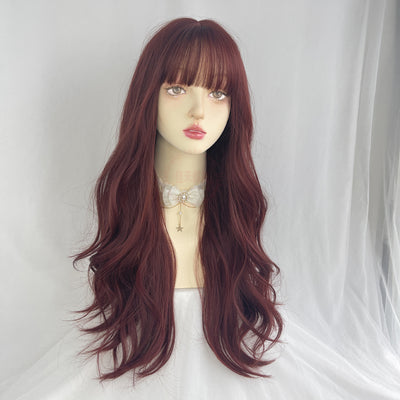Peluca Larga Ondulada Estilo Coreano Flequillo Voluminoso Rojo Vino Cabello Rizado - Image 6
