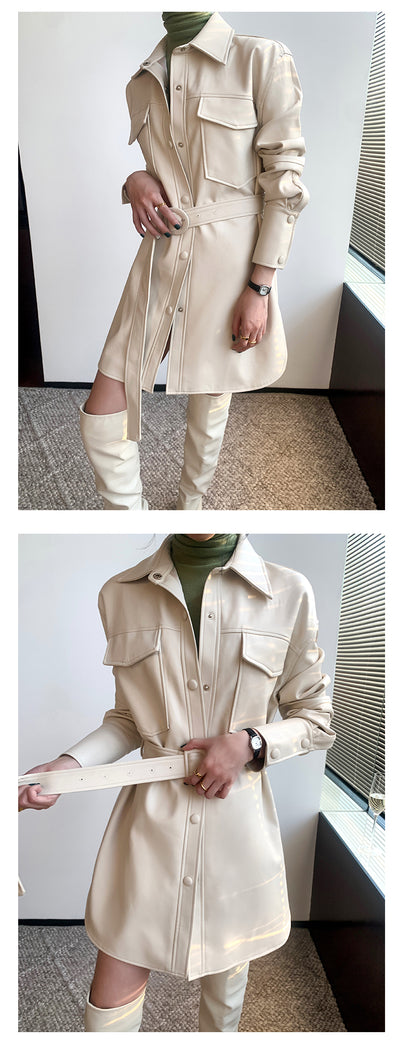 Abrigo de Cuero Blanco Retro con Blusa Entallada Midi para Mujer - Image 14