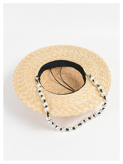 Sombrero de Paja Plano con Cadena de Perlas - Protección Solar Elegante - Image 11