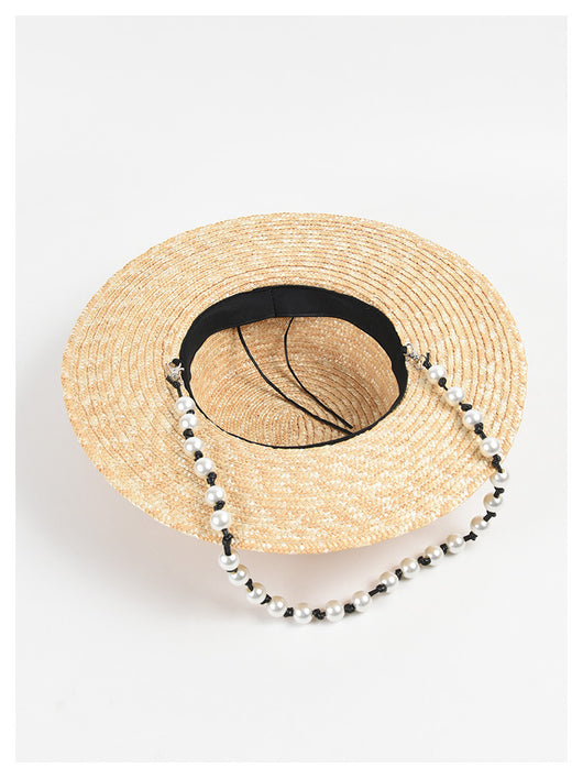 Sombrero de Paja Plano con Cadena de Perlas - Protección Solar Elegante - Image 11