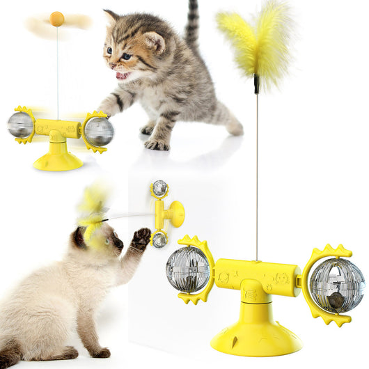 Yellow cat turntable windmill toy with a smiling face, spring, rotating arms, and a feather wand. Two kittens play with the toy. - Image 23