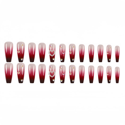 Uñas Postizas Degradado Rojo Perla con Efecto Corazón - Image 5