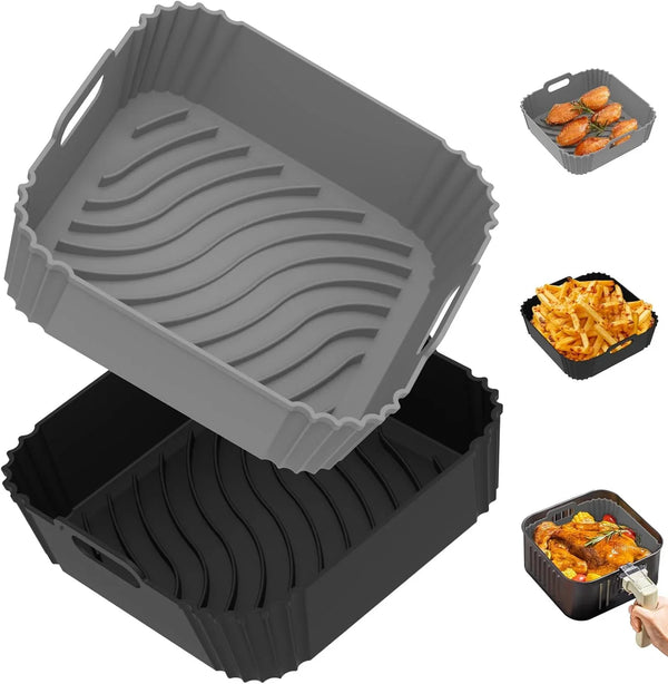2 Pack Silicone Air Fryer Liners, Square Reusable Non-Stick Basket Inserts for 4-5 QT Air Fryers, Dishwasher Safe Parchment Paper Replacement Accessories Gray & Black - Tekeno