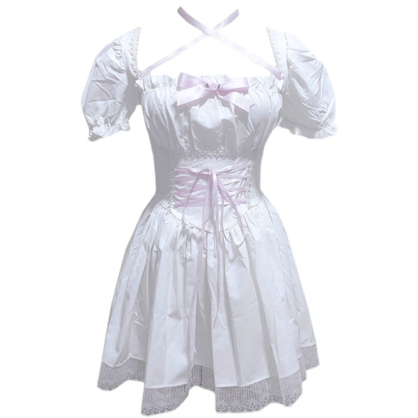 Vestido Retro Cuadrado con Mangas Abullonadas y Cintura Ajustable