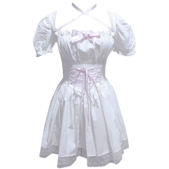 Vestido Retro Cuadrado con Mangas Abullonadas y Cintura Ajustable