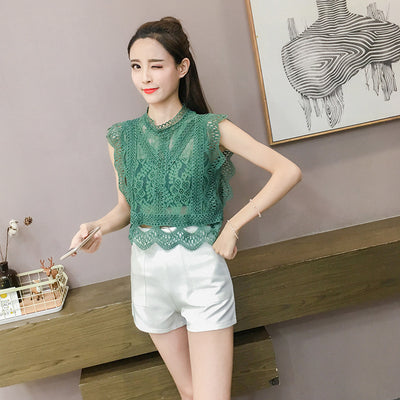 Blusa Crop Top de Encaje Transparente Cuello Redondo Sin Mangas - Image 3