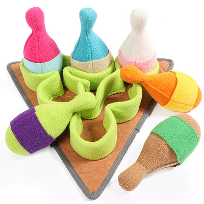 Colorful pet puzzle toy with bowling pin shapes and a chicken drumstick, designed for slow feeding and training. - Image 11