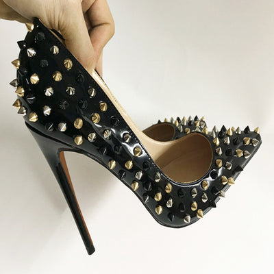 Tacones Altos Negros de Charol con Remaches - Stiletto Puntiagudo Elegante - Image 2