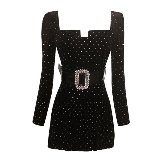 Vestido A-línea Retro Francés con Diamantes y Terciopelo Negro Dorado - Image 6