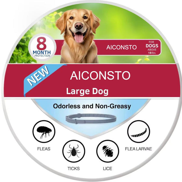 AICONSTO small dog insect repellent collar, gray, offering 8-month protection against fleas, ticks, lice, and flea larvae.