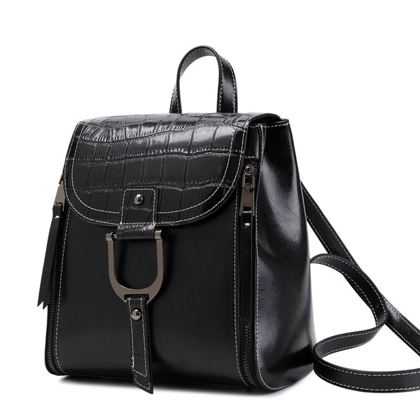 Mochila de Cuero Genuino para Mujer - Estilo Coreano con Hebilla y Acabado Encerado - Image 3