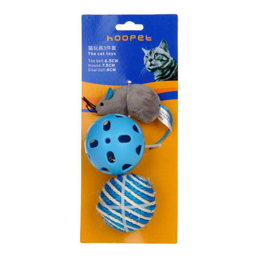 Cat toy set with a gray plush mouse, a blue plastic jingle ball, and a blue and white sisal rope ball.