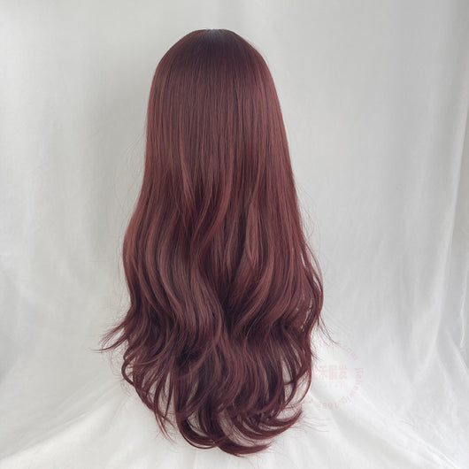 Peluca Larga Ondulada Estilo Coreano Flequillo Voluminoso Rojo Vino Cabello Rizado - Image 2