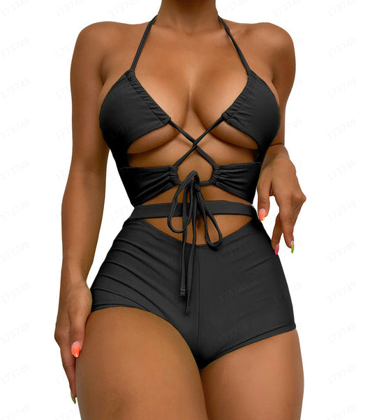 Solid neon orange string bikini with a halter top featuring a keyhole cutout and tie-side bottoms. - Image 33