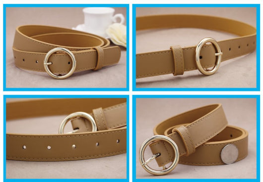 Khaki imitation leather belt with a shiny gold-colored round buckle and visible stitching details. - Image 9