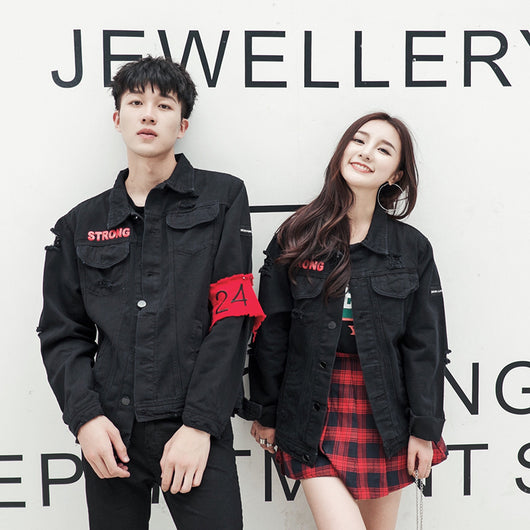 Chaqueta Denim Lavada con Agujeros para Parejas - Manga Larga Estilo Coreano - Image 3