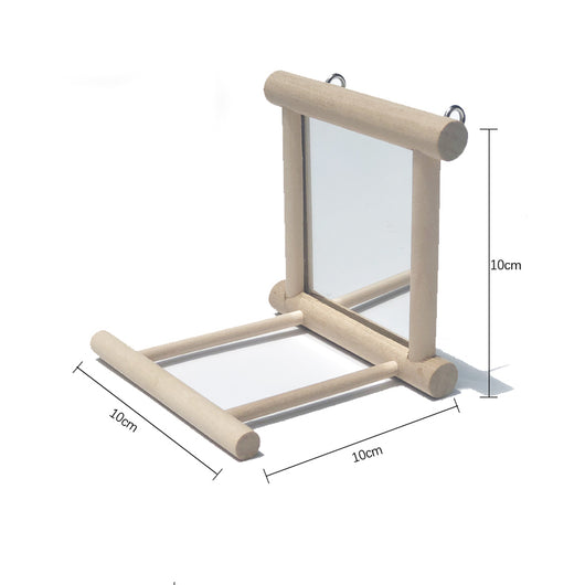 Natural wood bird stand with a double-sided mirror, featuring perches and metal hooks for small birds. - Image 6