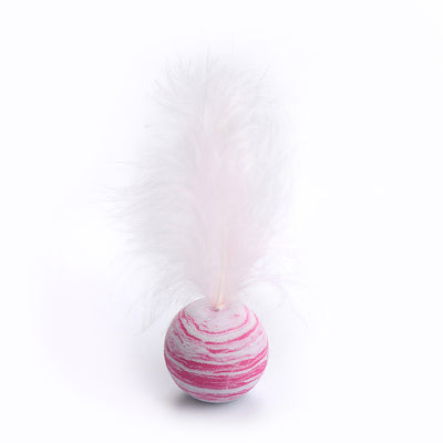Pink and white marbled pet toy ball with a fluffy white feather on top, designed for cats and dogs. - Image 10