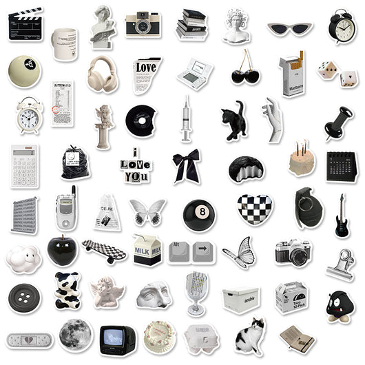 61 black and white aesthetic stickers featuring various objects like cameras, cats, skulls, and text for personalization. - Image 10