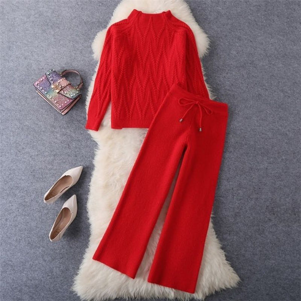 Conjunto de Dos Piezas: Suéter Tejido Elegante y Pantalón Ancho