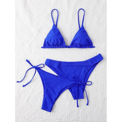 Lavender three-piece bikini set with a triangle top, tie-side bottom, and high-cut bottom, displayed with a straw hat and purple sunglasses. - Image 22