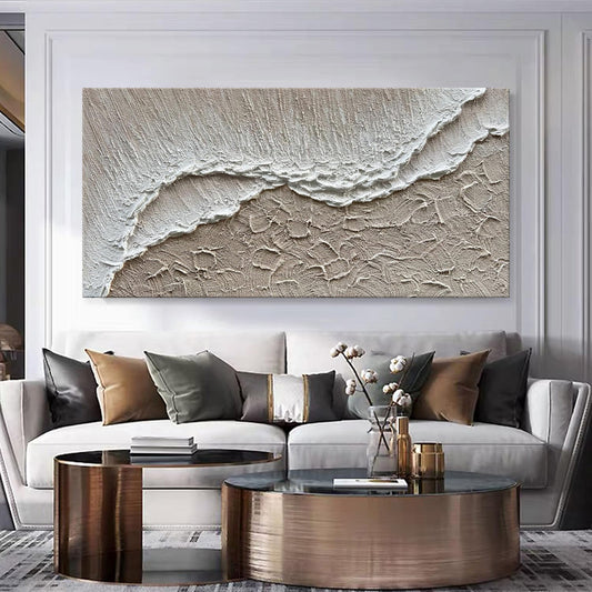 Cuadro Óleo Playa Texturizado Olas del Mar Pintura Manual Lienzo Blanco Decoración Moderna