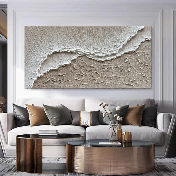 Cuadro Óleo Playa Texturizado Olas del Mar Pintura Manual Lienzo Blanco Decoración Moderna