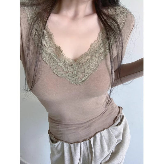 Blusa Base Elegante de Encaje con Cuello en V y Manga Larga - Image 2