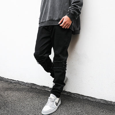 Pantalones Vaqueros Slim Fit con Roturas Estilo Motociclista para Hombre