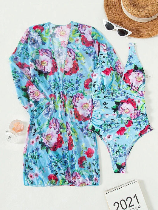 Traje de Baño Tres Piezas con Estampado Botánico Plisado - Image 21