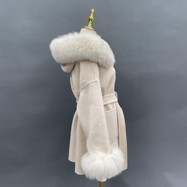Abrigo de Lana Reversible con Cuello de Pelaje Oversized
