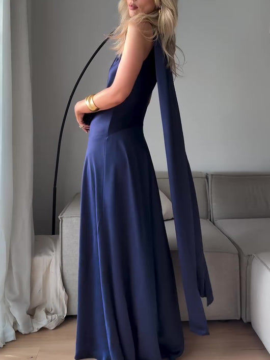 Vestido Largo de Satén Azul Royal sin Mangas - Image 3