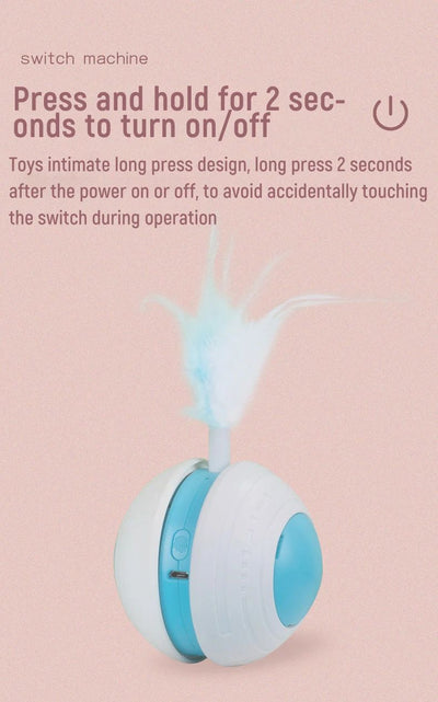 Electric pet toy ball with white and blue design, featuring a flexible arm with a blue feather teaser and a detachable feather. - Image 9