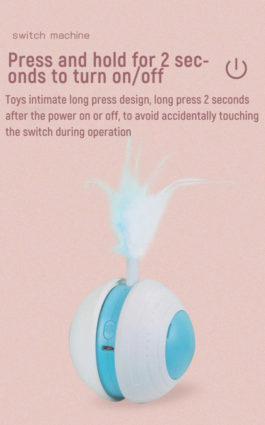 Electric pet toy ball with white and blue design, featuring a flexible arm with a blue feather teaser and a detachable feather. - Image 9
