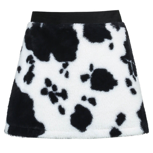 Falda Retro Cintura Alta con Estampado de Vaca - Bolsa Peluda Elegante