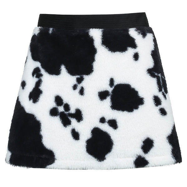 Falda Retro Cintura Alta con Estampado de Vaca - Bolsa Peluda Elegante